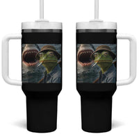 Unbothered Frog Smoking Cigarette Meme Tumbler With Handle Cinematic Shark Attack Calmness Graphic Dark Humor