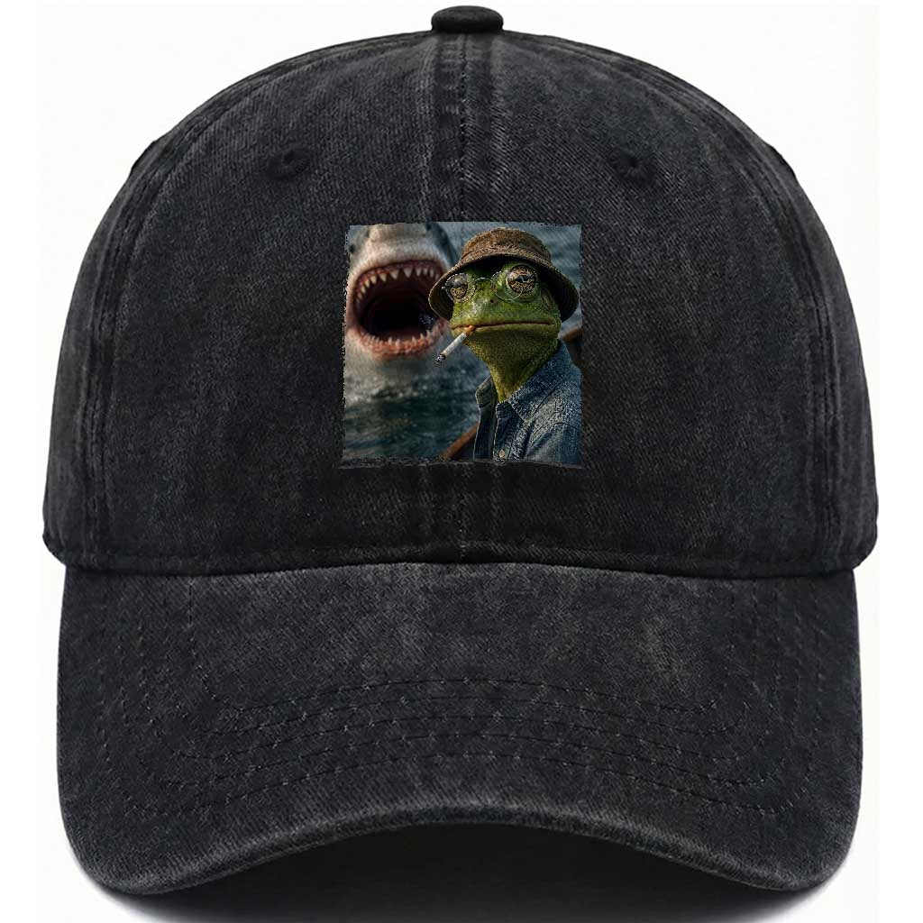Unbothered Frog Smoking Cigarette Meme Washed Cotton Baseball Cap Cinematic Shark Attack Calmness Graphic Dark Humor
