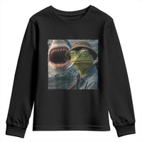 Unbothered Frog Smoking Cigarette Meme Youth Sweatshirt Cinematic Shark Attack Calmness Graphic Dark Humor