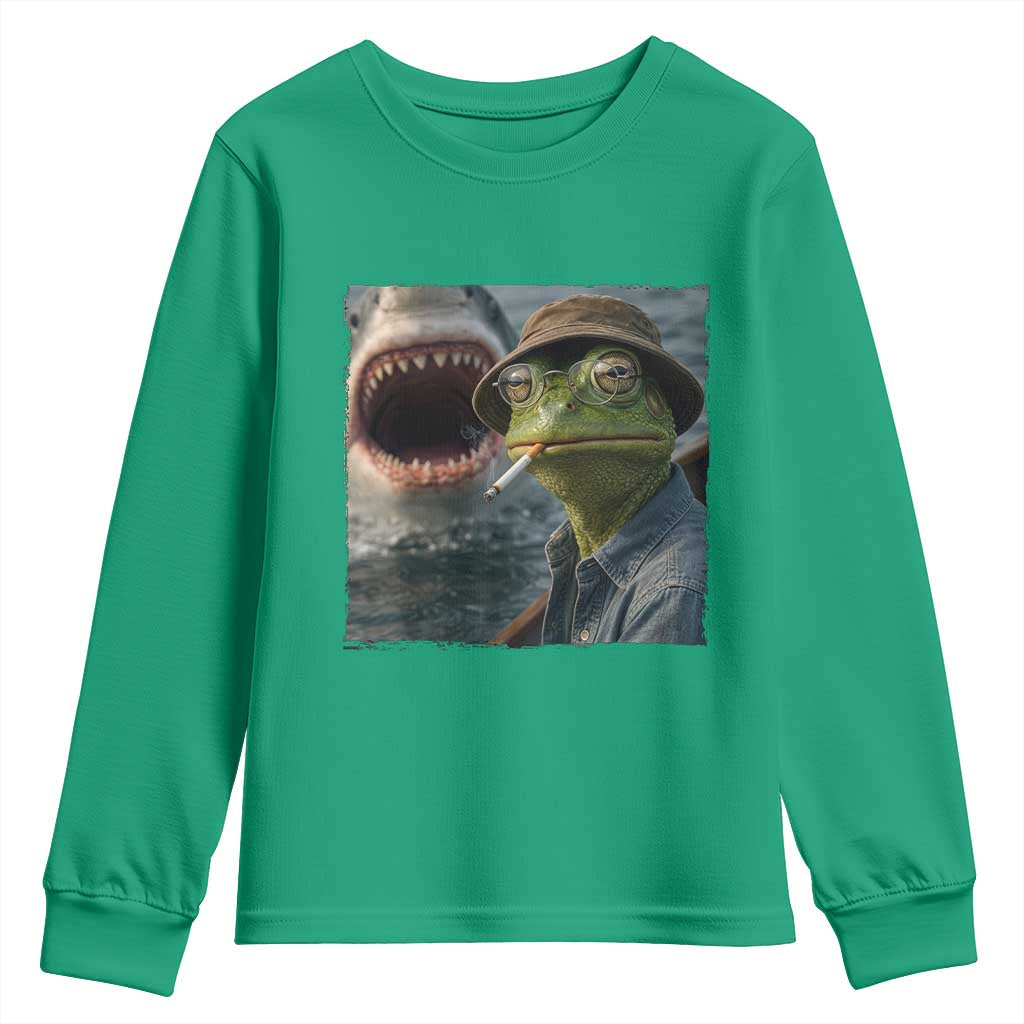 Unbothered Frog Smoking Cigarette Meme Youth Sweatshirt Cinematic Shark Attack Calmness Graphic Dark Humor
