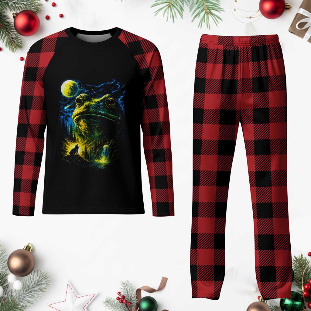 Cosmic Frog Howling At Moon Parody Graphic Plaid Pajama Set Vintage 90s Retro Fantasy Meme