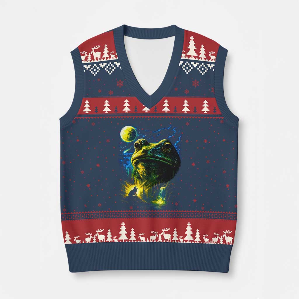 Cosmic Frog Howling At Moon Parody Graphic V-Neck Knit Sweater Vest Vintage 90s Retro Fantasy Meme