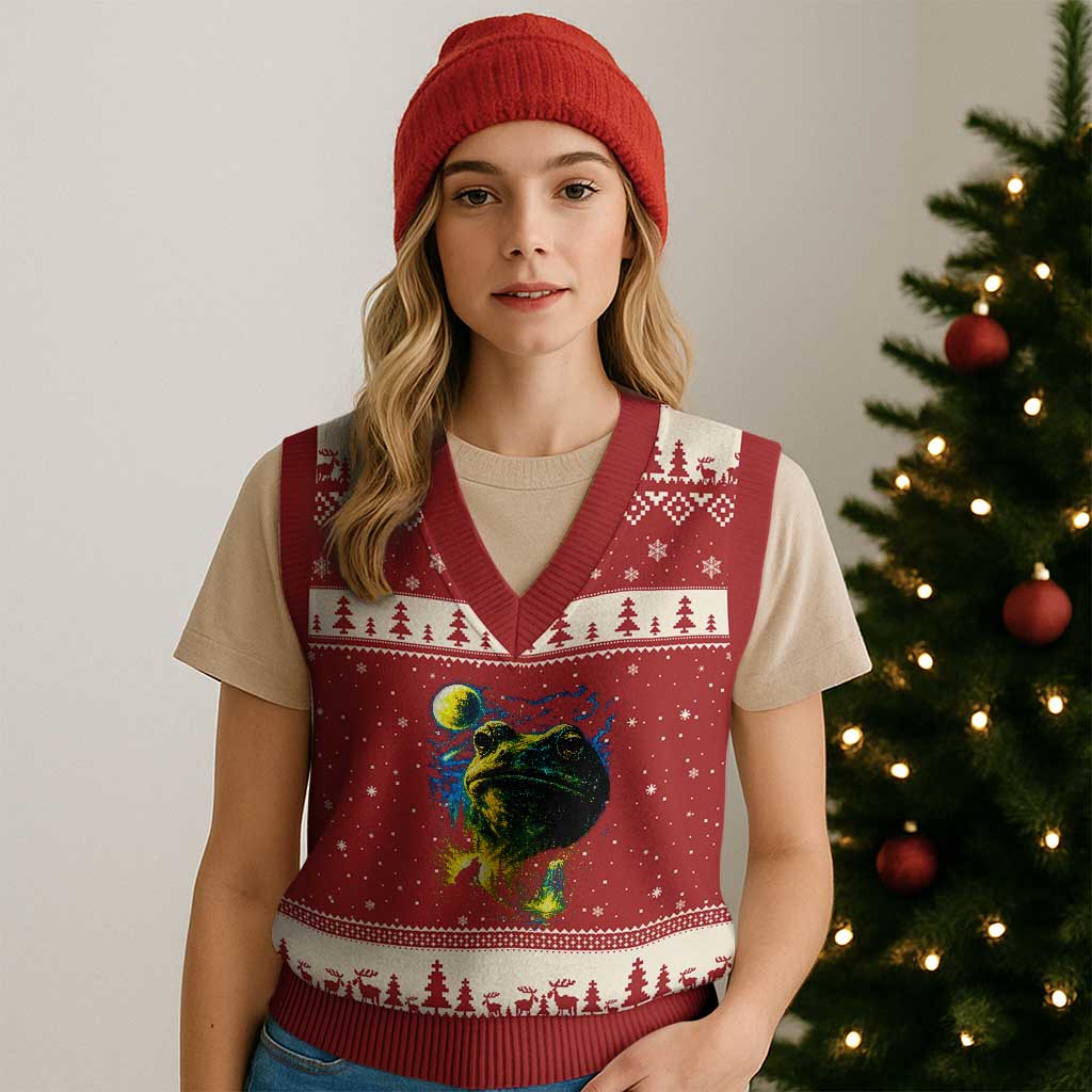 Cosmic Frog Howling At Moon Parody Graphic V-Neck Knit Sweater Vest Vintage 90s Retro Fantasy Meme