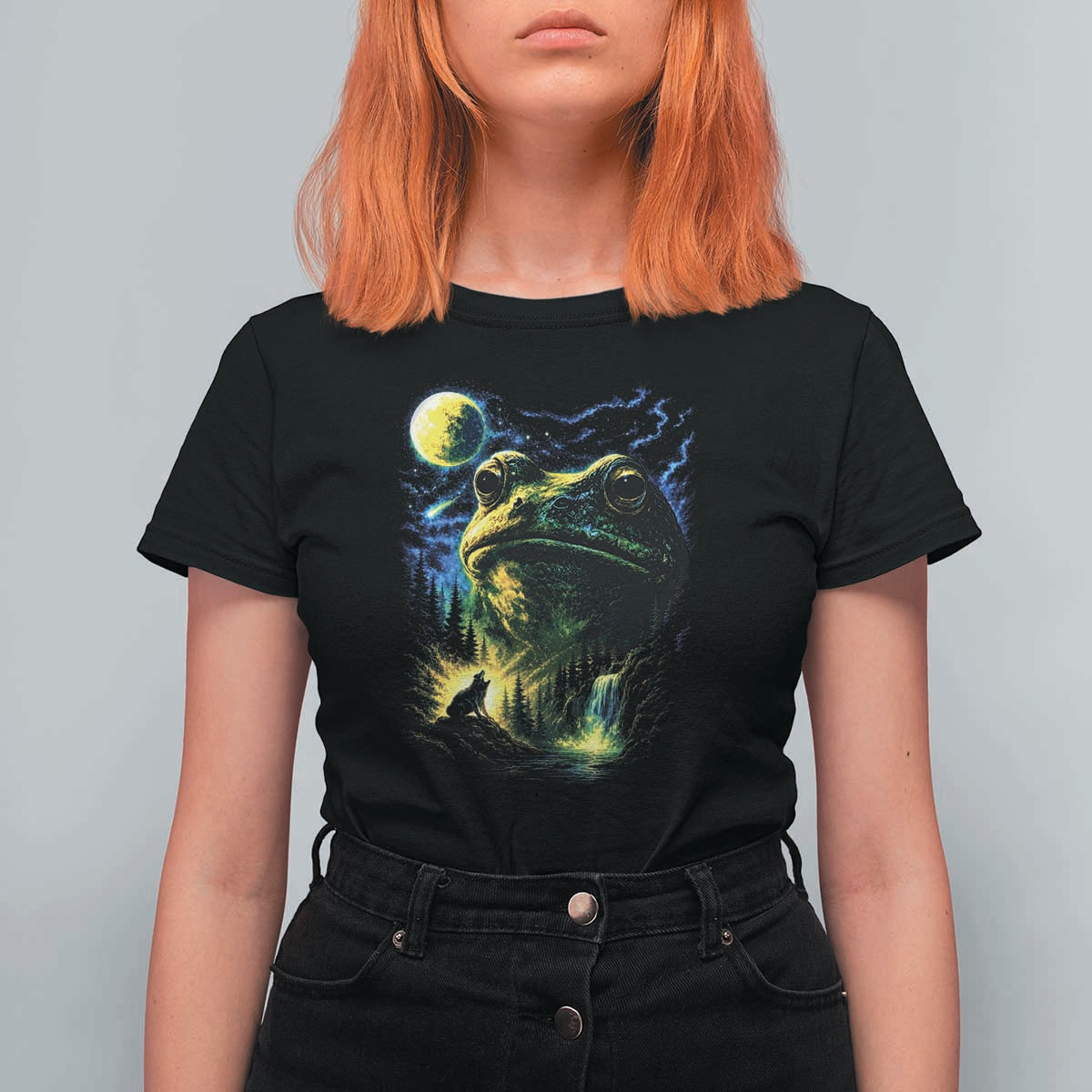 Cosmic Frog Howling At Moon Parody Graphic T Shirt For Women Vintage 90s Retro Fantasy Meme