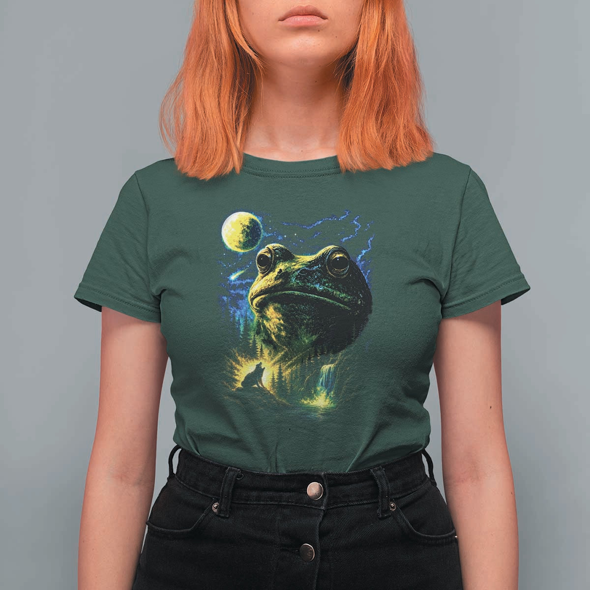 Cosmic Frog Howling At Moon Parody Graphic T Shirt For Women Vintage 90s Retro Fantasy Meme