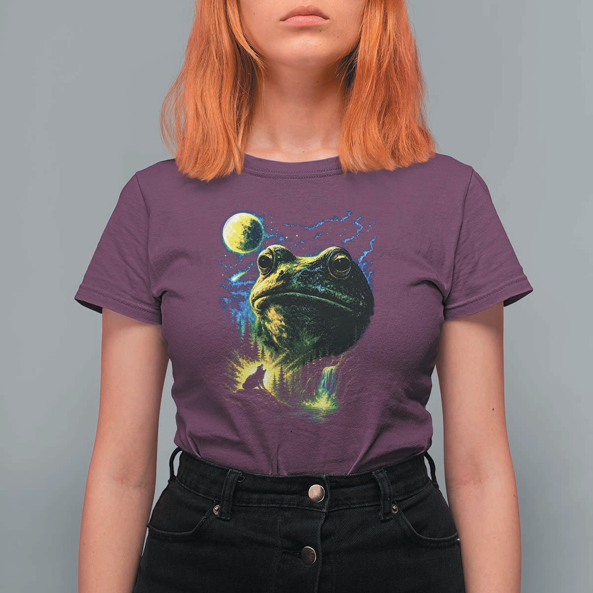 Cosmic Frog Howling At Moon Parody Graphic T Shirt For Women Vintage 90s Retro Fantasy Meme