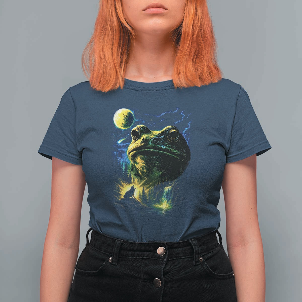 Cosmic Frog Howling At Moon Parody Graphic T Shirt For Women Vintage 90s Retro Fantasy Meme