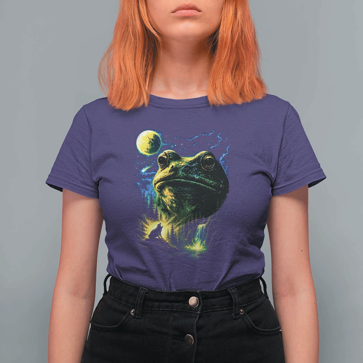 Cosmic Frog Howling At Moon Parody Graphic T Shirt For Women Vintage 90s Retro Fantasy Meme