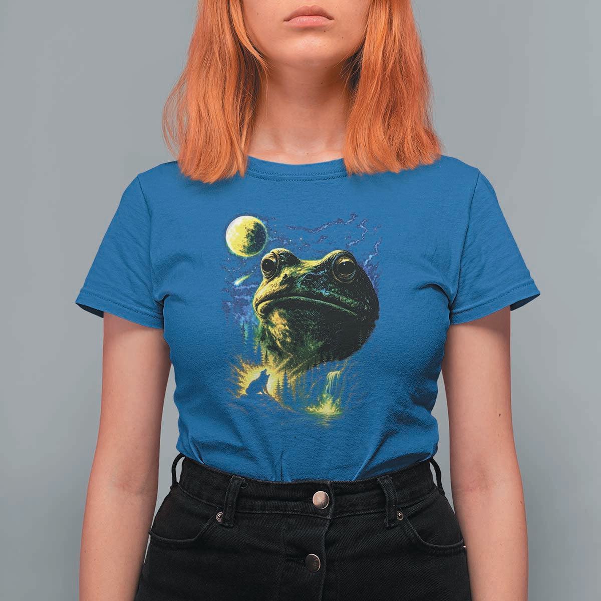 Cosmic Frog Howling At Moon Parody Graphic T Shirt For Women Vintage 90s Retro Fantasy Meme