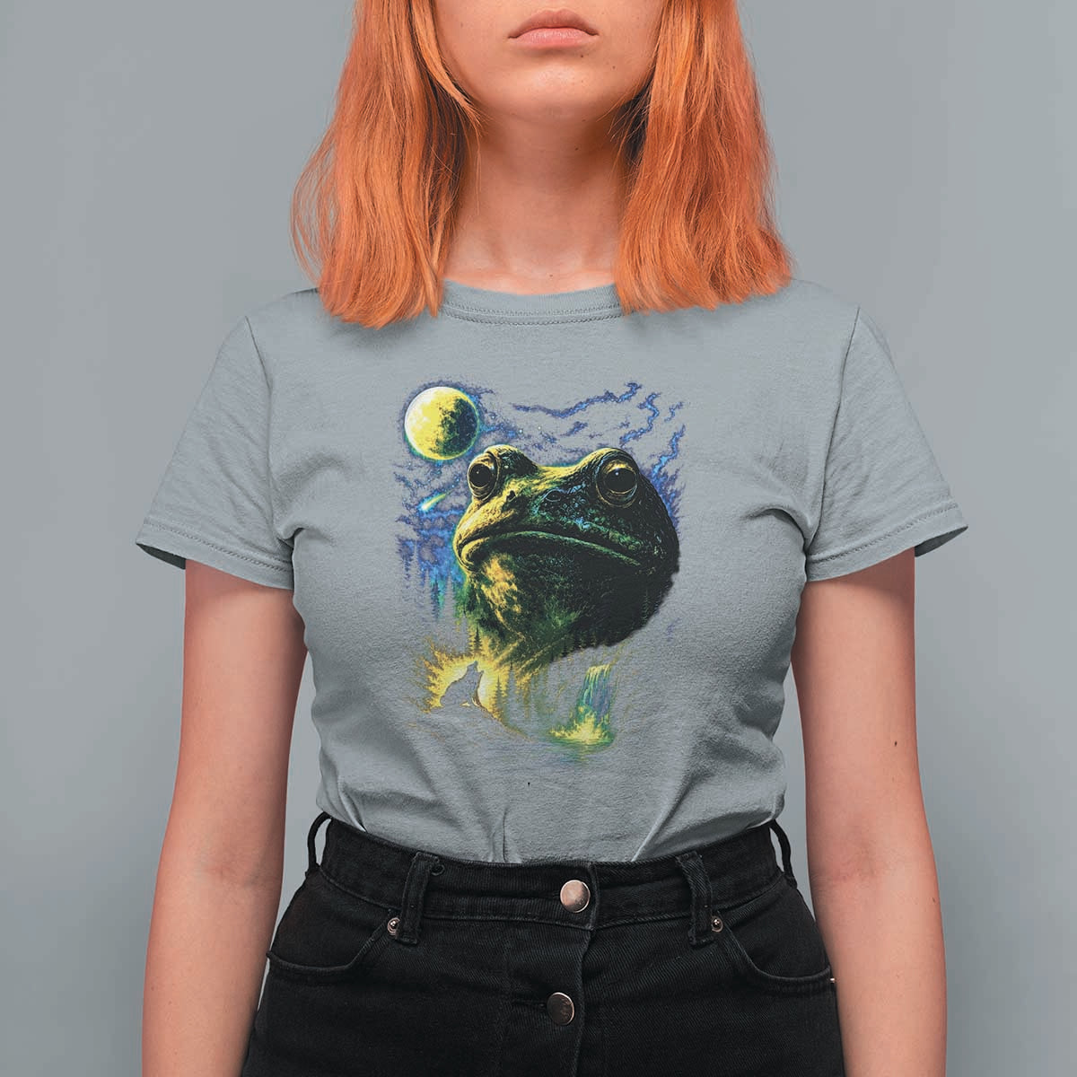 Cosmic Frog Howling At Moon Parody Graphic T Shirt For Women Vintage 90s Retro Fantasy Meme