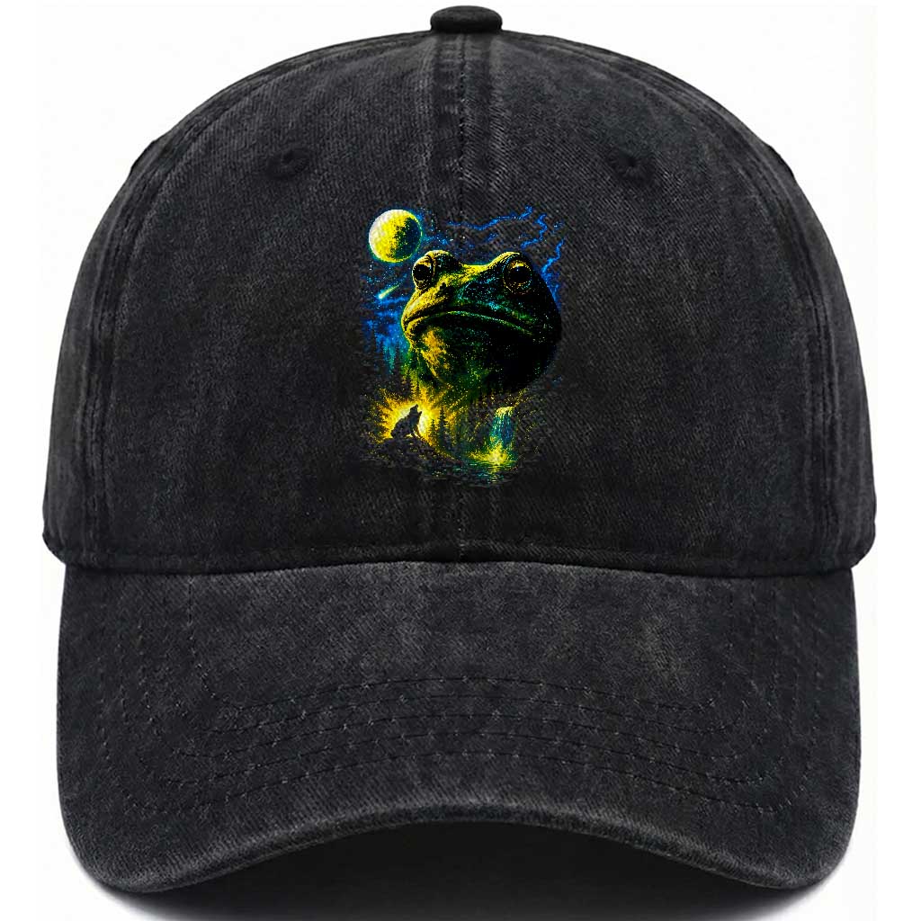 Cosmic Frog Howling At Moon Parody Graphic Washed Cotton Baseball Cap Vintage 90s Retro Fantasy Meme