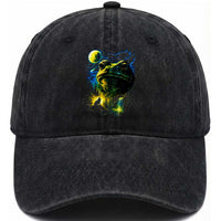 Cosmic Frog Howling At Moon Parody Graphic Washed Cotton Baseball Cap Vintage 90s Retro Fantasy Meme
