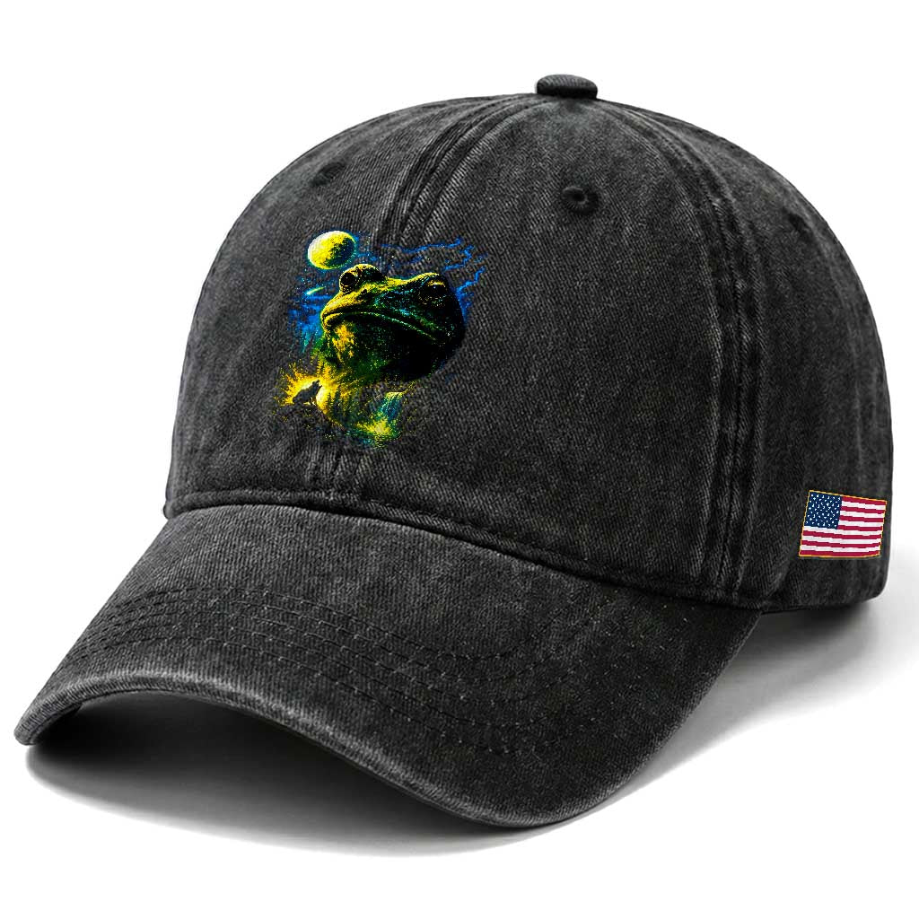 Cosmic Frog Howling At Moon Parody Graphic Washed Cotton Baseball Cap Vintage 90s Retro Fantasy Meme