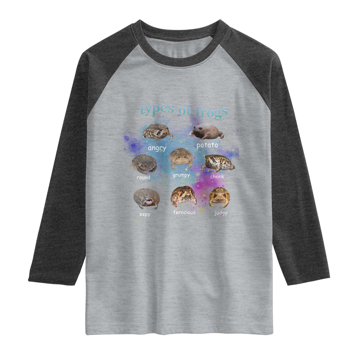 Types Of Frogs Funny Rain Frog Meme Chart Raglan Shirt Angry Grumpy Eepy Chonk Potato Round Judgy Ferocious