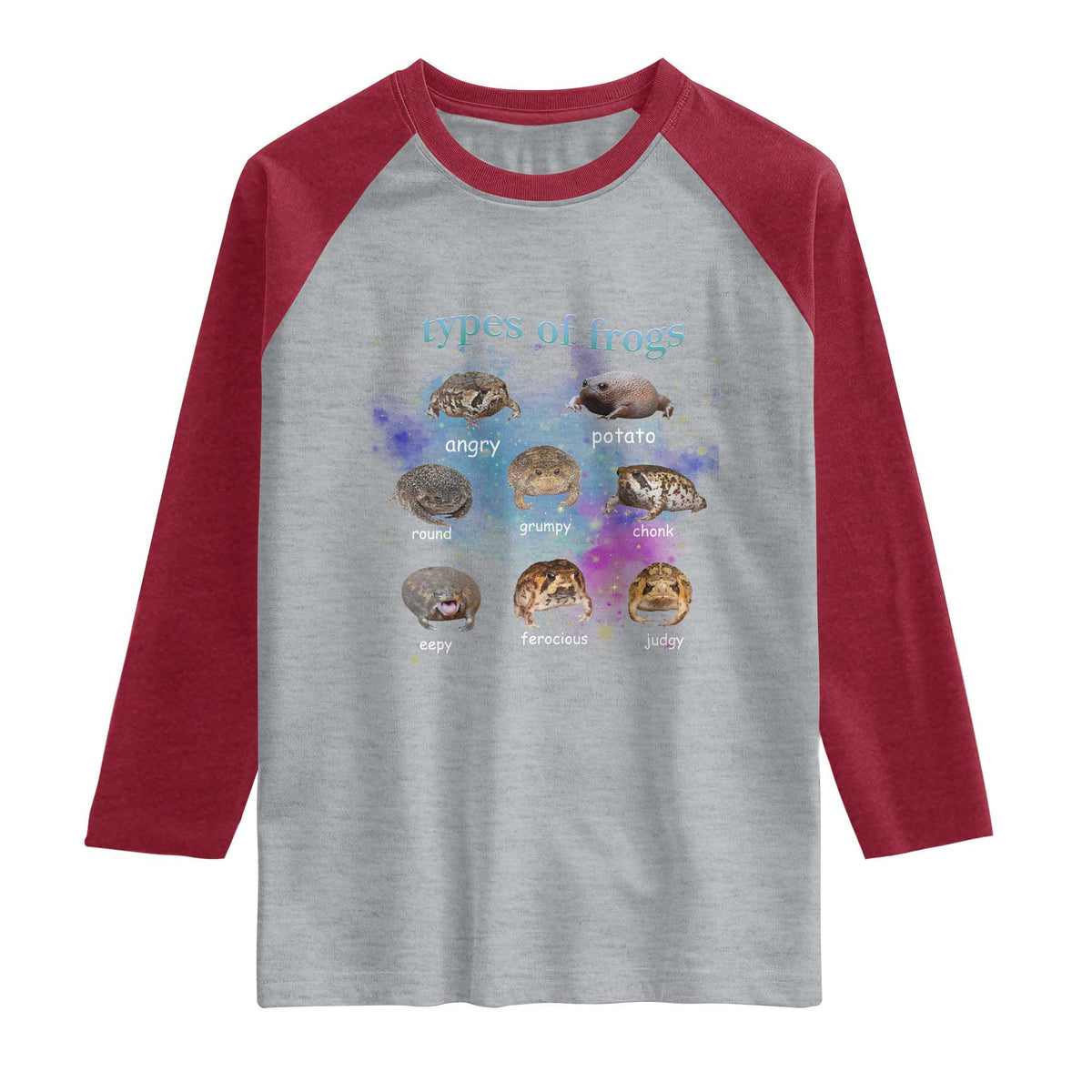 Types Of Frogs Funny Rain Frog Meme Chart Raglan Shirt Angry Grumpy Eepy Chonk Potato Round Judgy Ferocious