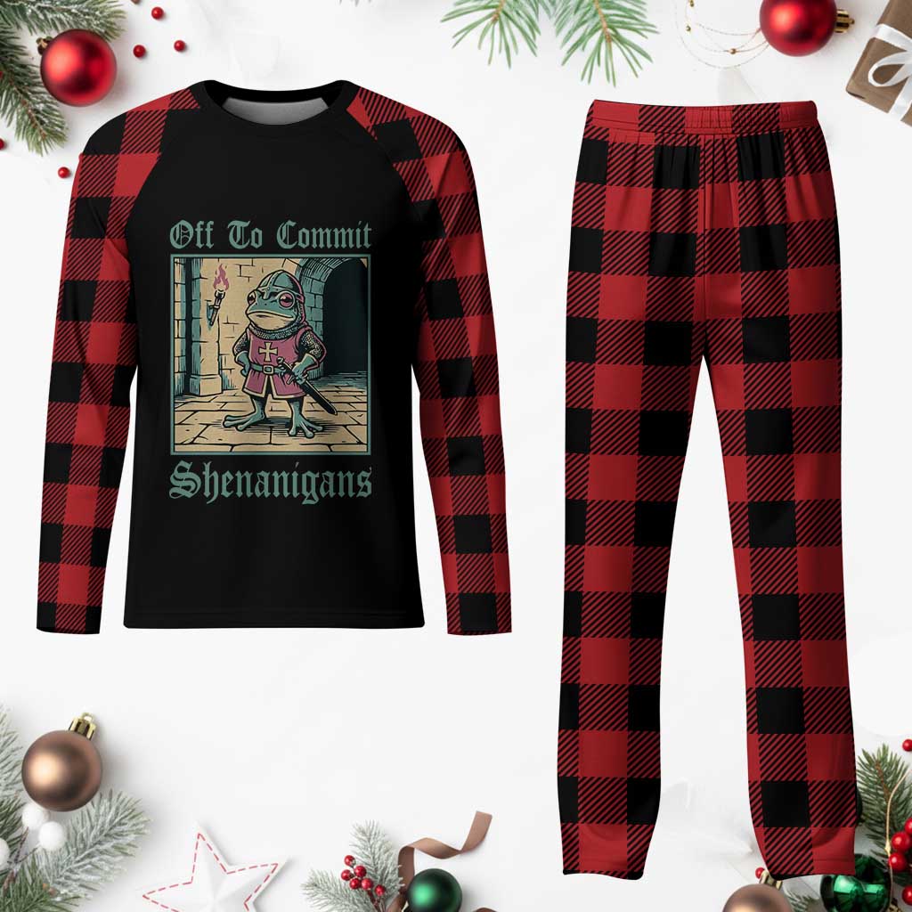 Funny Medieval Frog Knight Fantasy RPG Meme Plaid Pajama Set Off To Commit Shenanigans