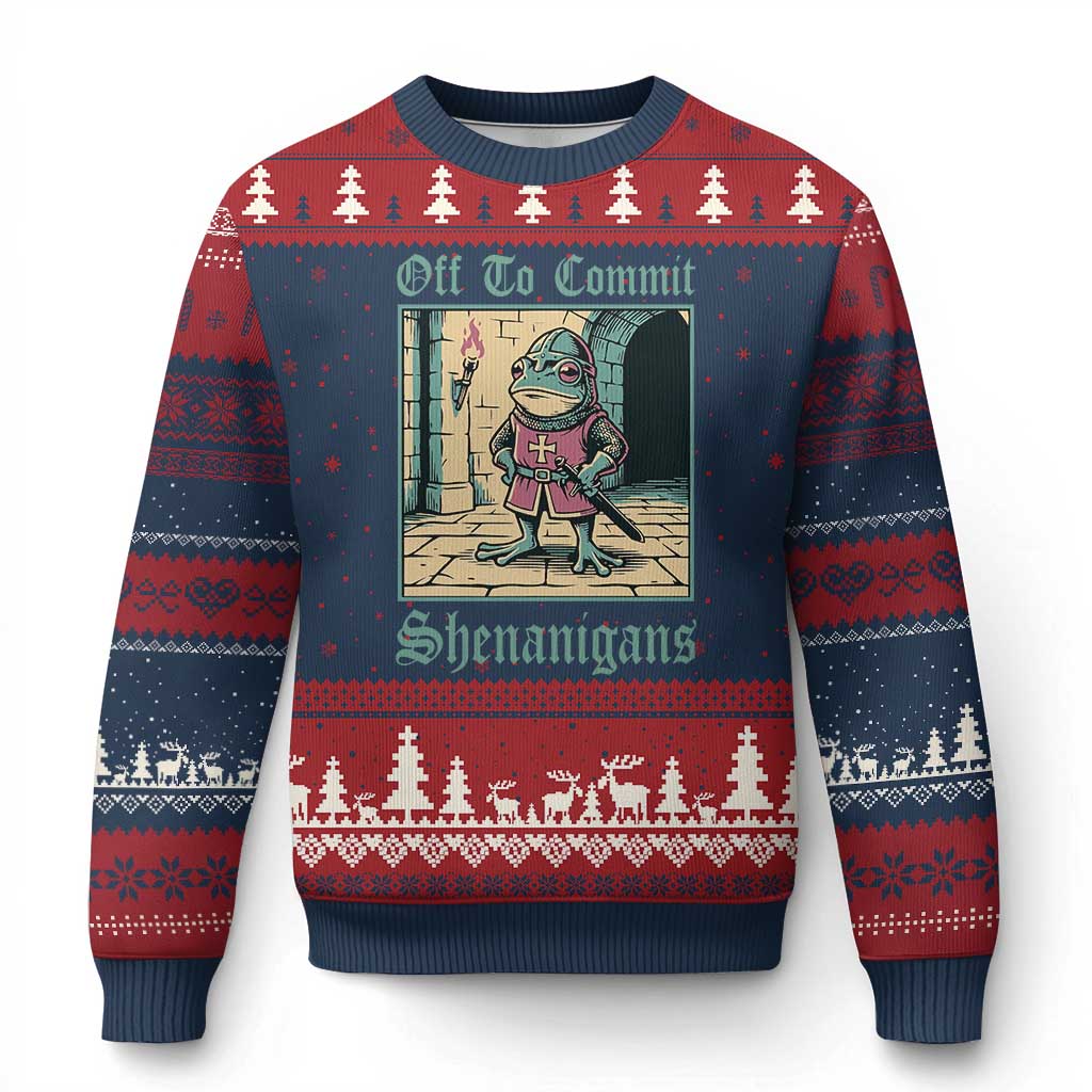 Funny Medieval Frog Knight Fantasy RPG Meme Ugly Christmas Sweater Off To Commit Shenanigans