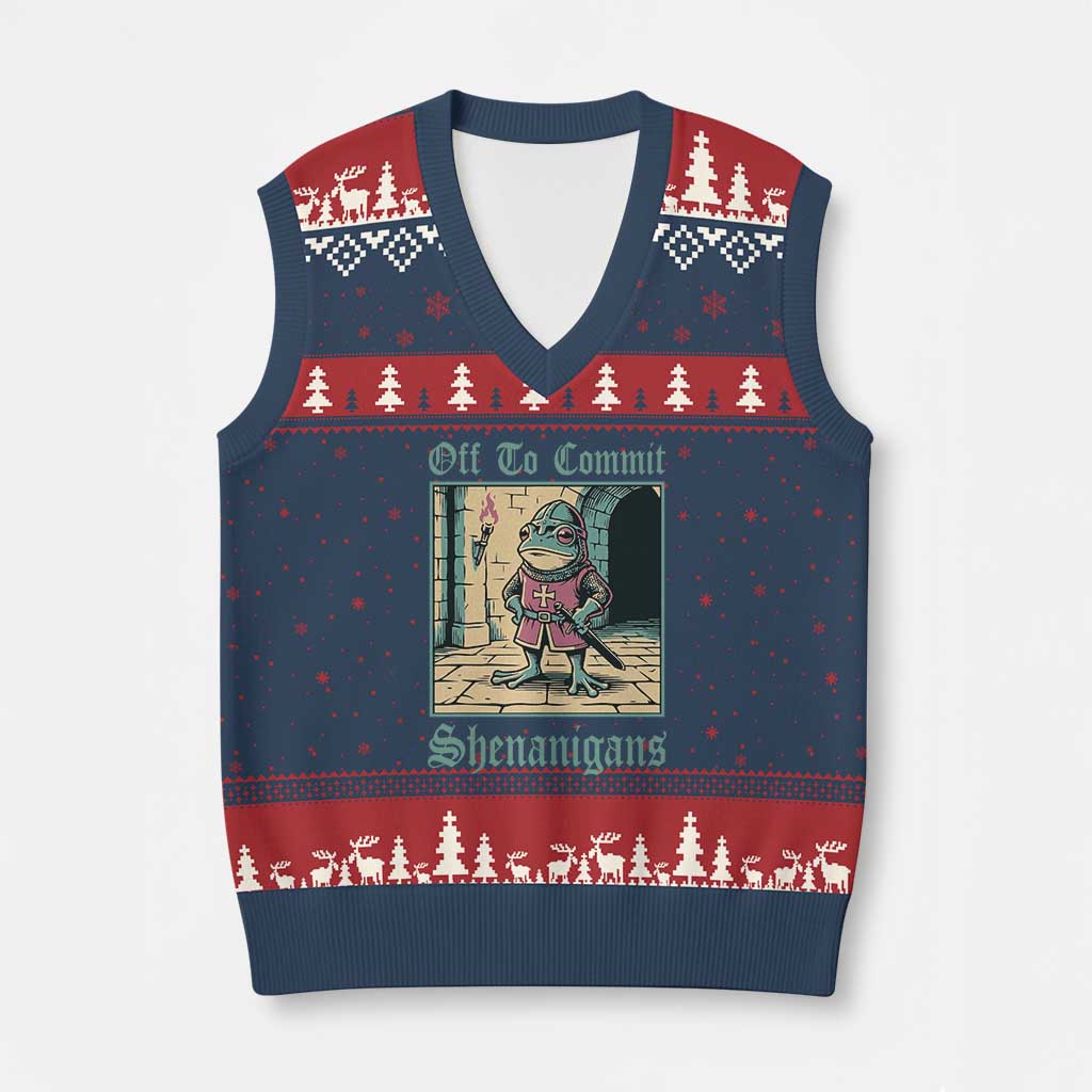 Funny Medieval Frog Knight Fantasy RPG Meme V-Neck Knit Sweater Vest Off To Commit Shenanigans