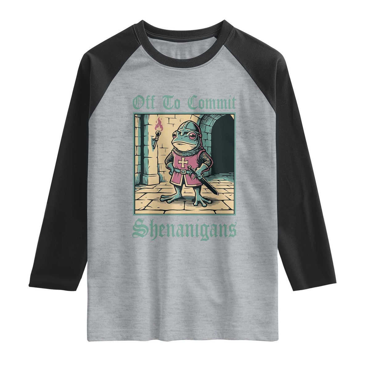 Funny Medieval Frog Knight Fantasy RPG Meme Raglan Shirt Off To Commit Shenanigans