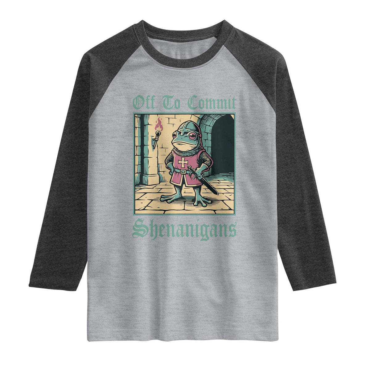 Funny Medieval Frog Knight Fantasy RPG Meme Raglan Shirt Off To Commit Shenanigans
