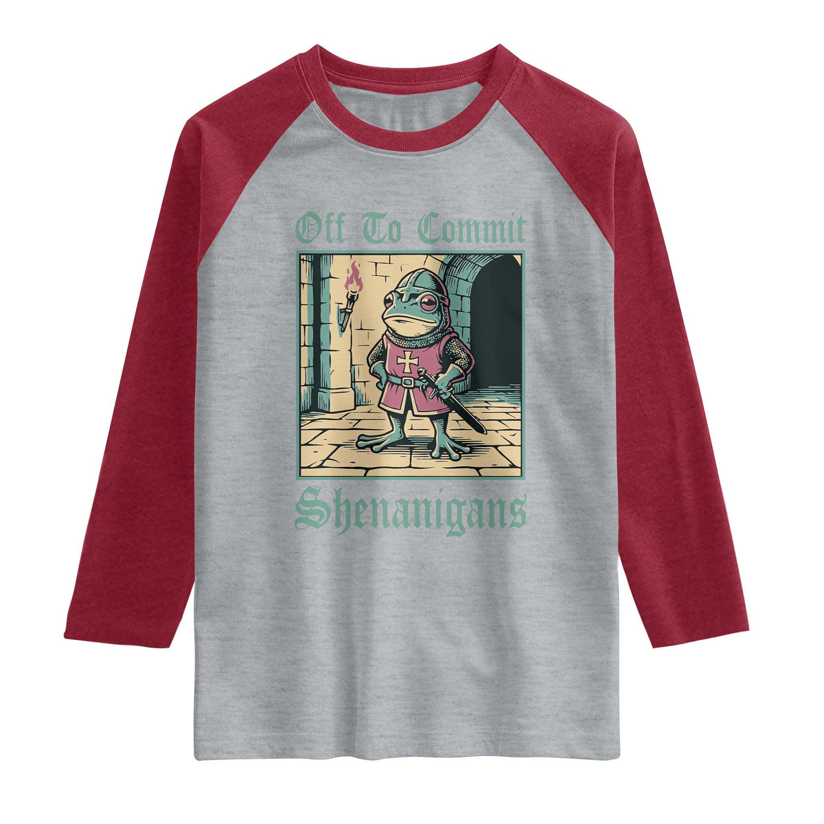 Funny Medieval Frog Knight Fantasy RPG Meme Raglan Shirt Off To Commit Shenanigans