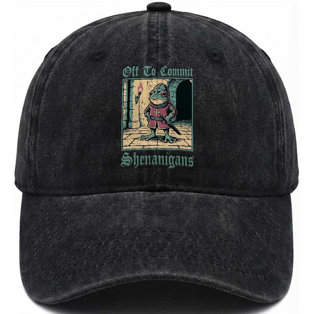 Funny Medieval Frog Knight Fantasy RPG Meme Washed Cotton Baseball Cap Off To Commit Shenanigans