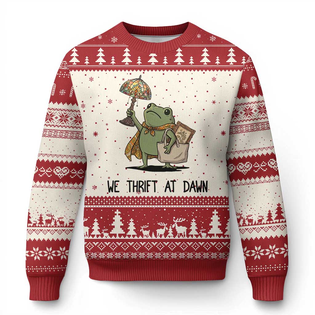 Funny Thrifting Frog Vintage Antique Hunter Ugly Christmas Sweater We Thrift At Dawn Humor