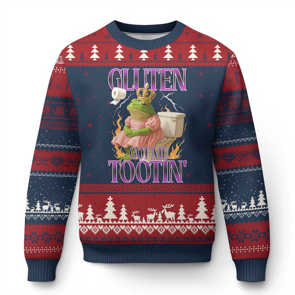 Funny Gluten Free Frog Princess Toilet Meme Ugly Christmas Sweater Gluten Got Me Tootin