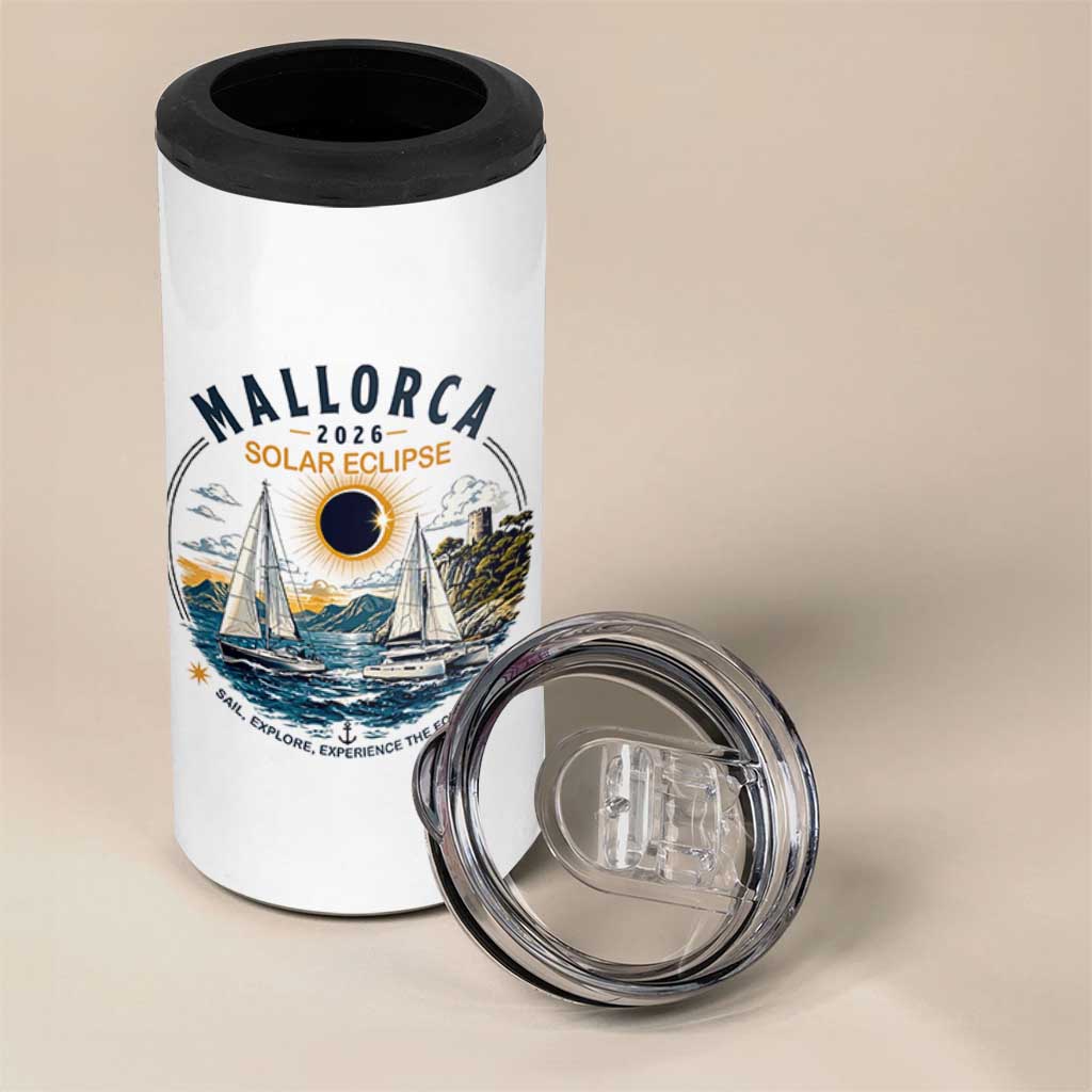 Mallorca Spain 2026 Total Solar Eclipse 4 in 1 Can Cooler Tumbler Sailing Cruise Totality Sail Explore Experience Travel Souvenir