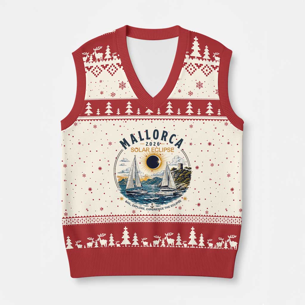 Mallorca Spain 2026 Total Solar Eclipse V-Neck Knit Sweater Vest Sailing Cruise Totality Sail Explore Experience Travel Souvenir