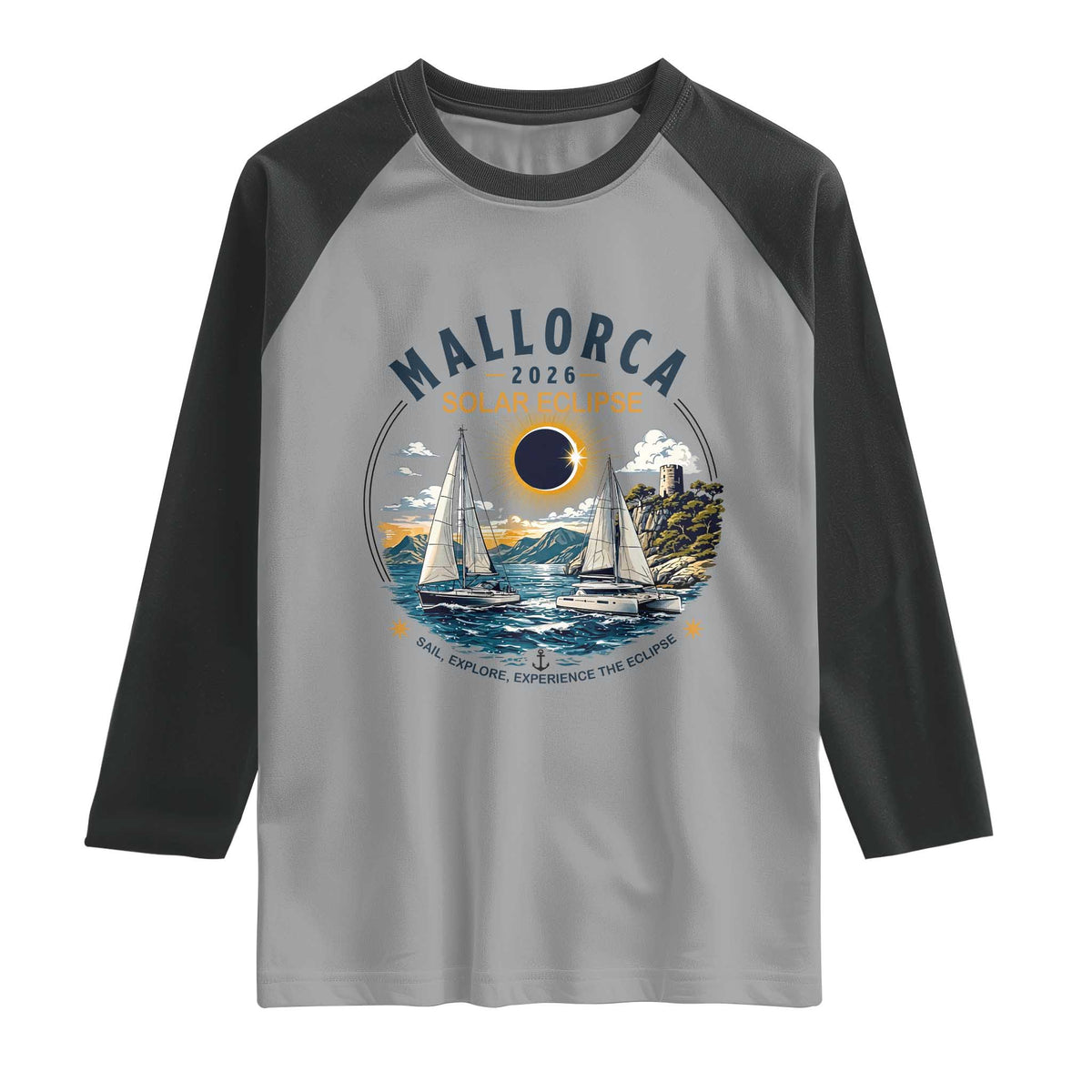 Mallorca Spain 2026 Total Solar Eclipse Raglan Shirt Sailing Cruise Totality Sail Explore Experience Travel Souvenir