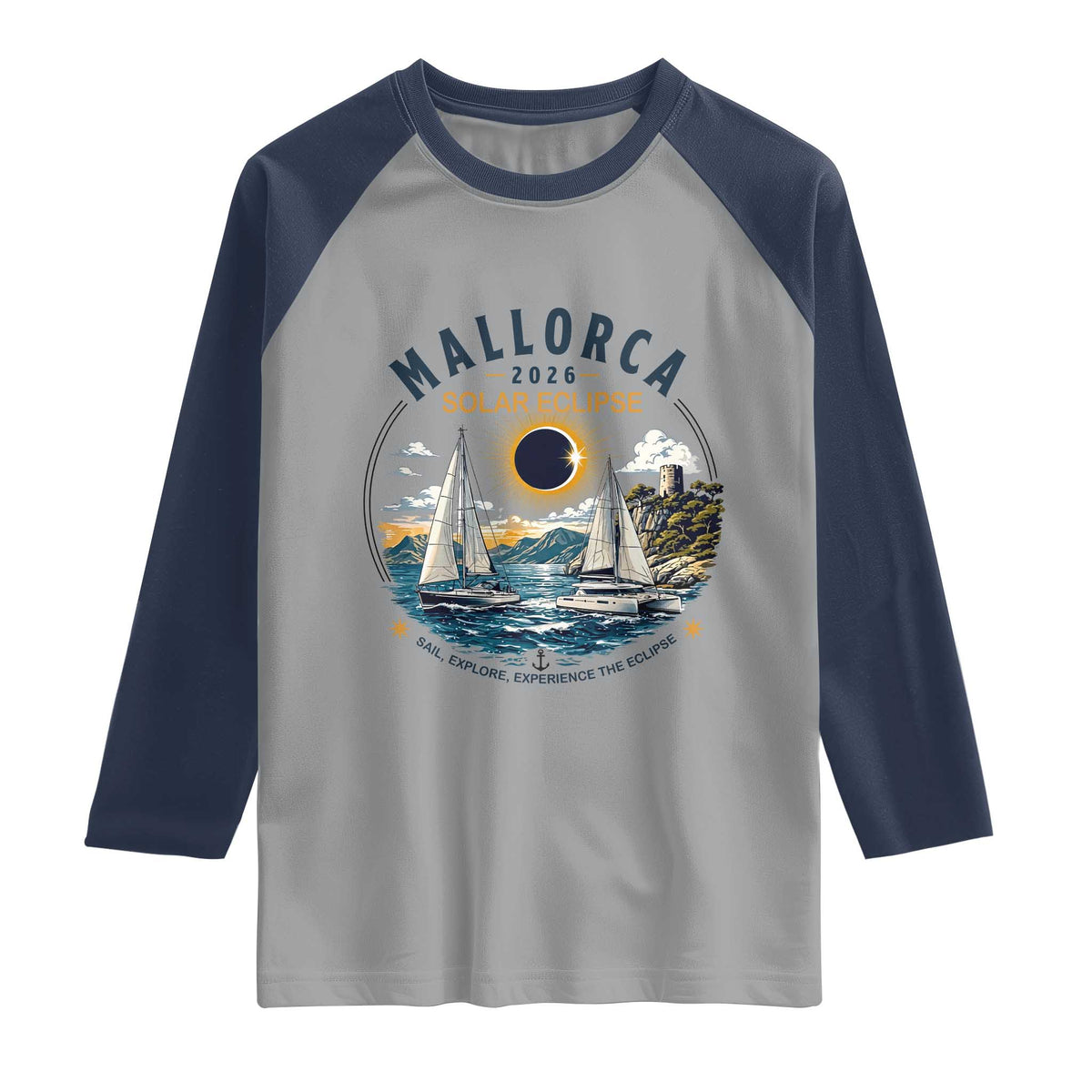 Mallorca Spain 2026 Total Solar Eclipse Raglan Shirt Sailing Cruise Totality Sail Explore Experience Travel Souvenir