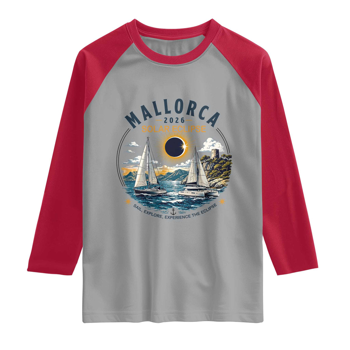 Mallorca Spain 2026 Total Solar Eclipse Raglan Shirt Sailing Cruise Totality Sail Explore Experience Travel Souvenir