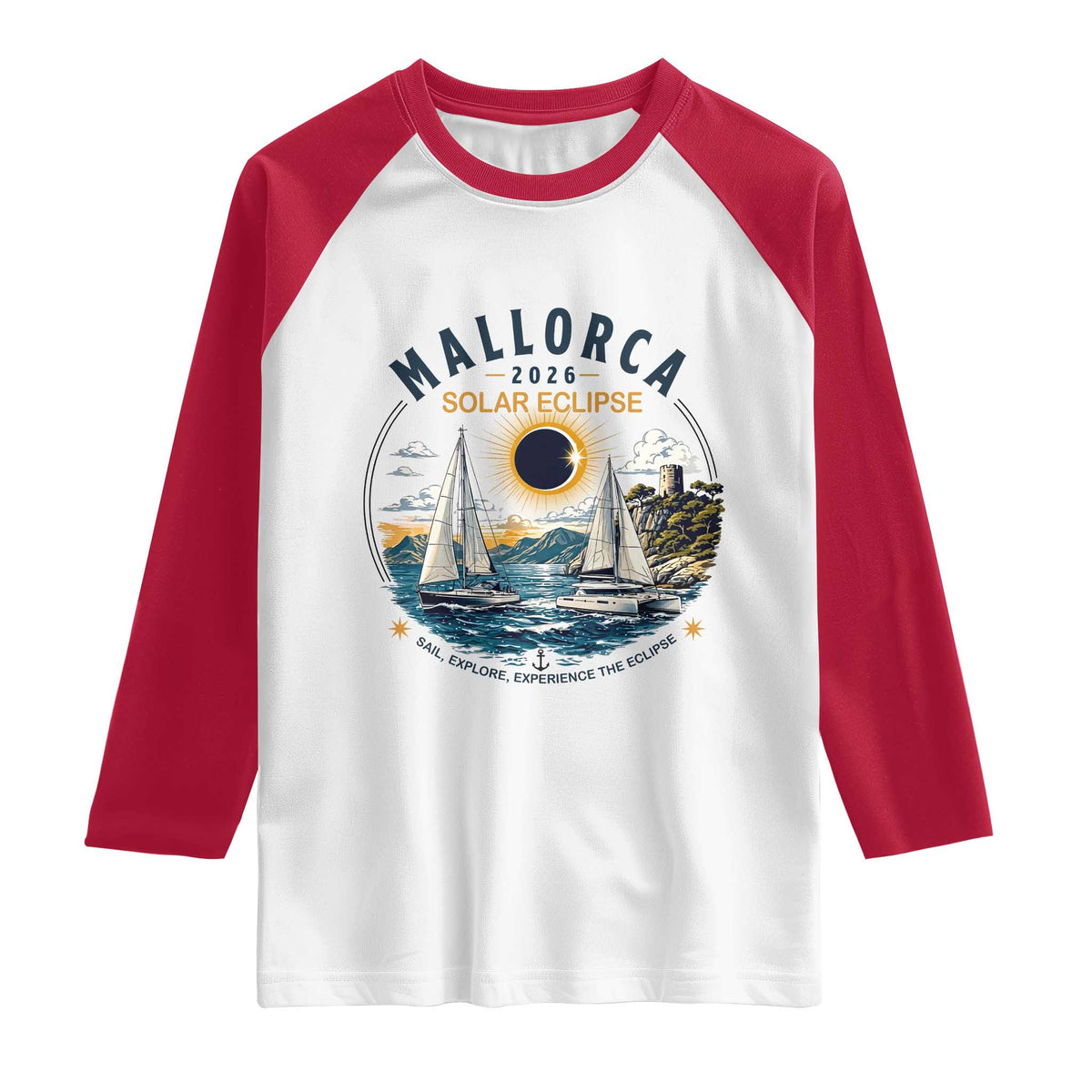 Mallorca Spain 2026 Total Solar Eclipse Raglan Shirt Sailing Cruise Totality Sail Explore Experience Travel Souvenir