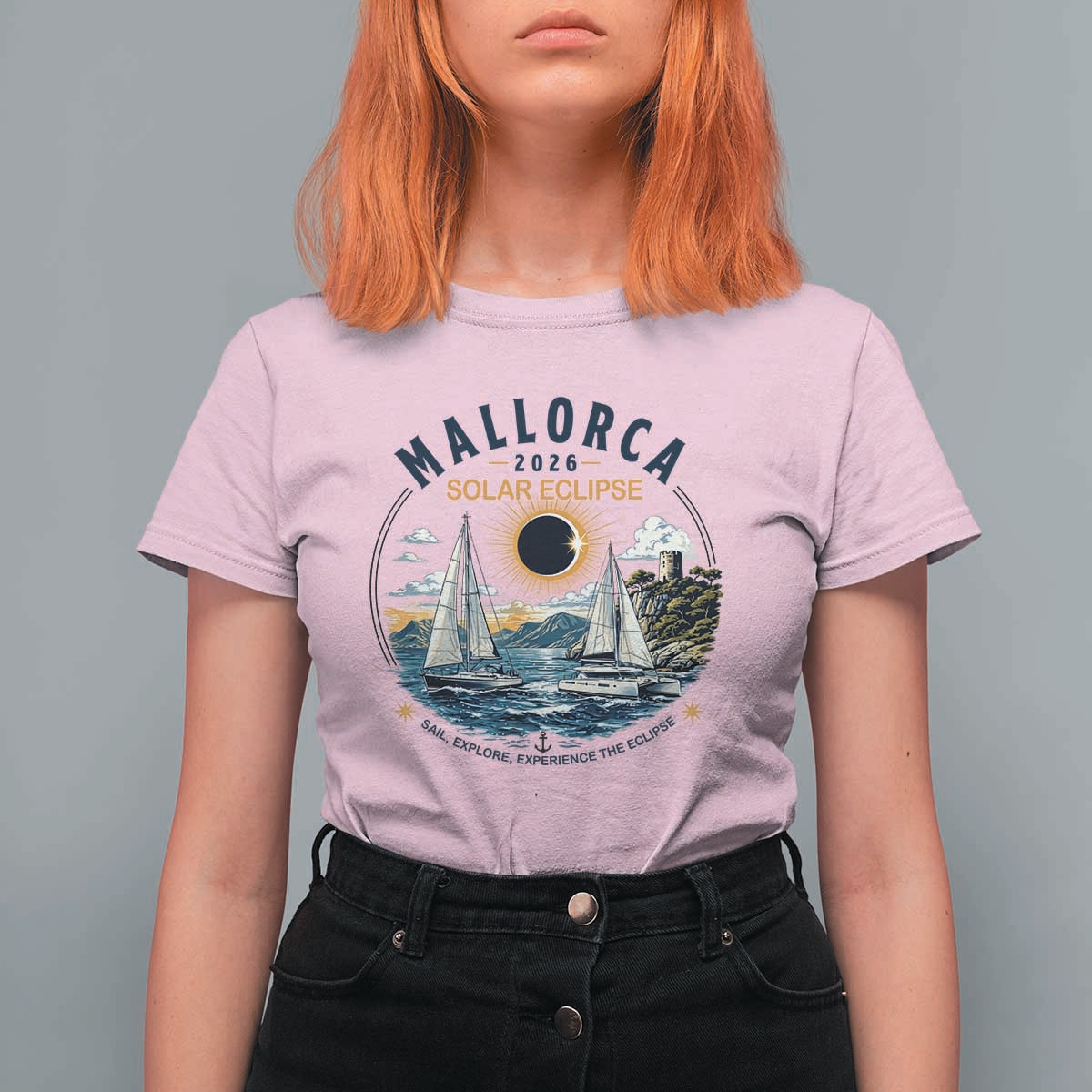 Mallorca Spain 2026 Total Solar Eclipse T Shirt For Women Sailing Cruise Totality Sail Explore Experience Travel Souvenir