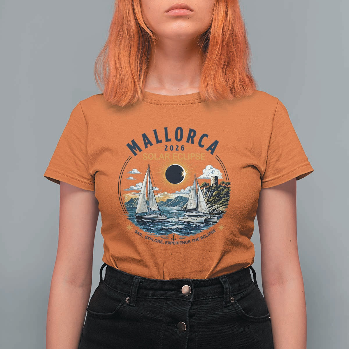 Mallorca Spain 2026 Total Solar Eclipse T Shirt For Women Sailing Cruise Totality Sail Explore Experience Travel Souvenir