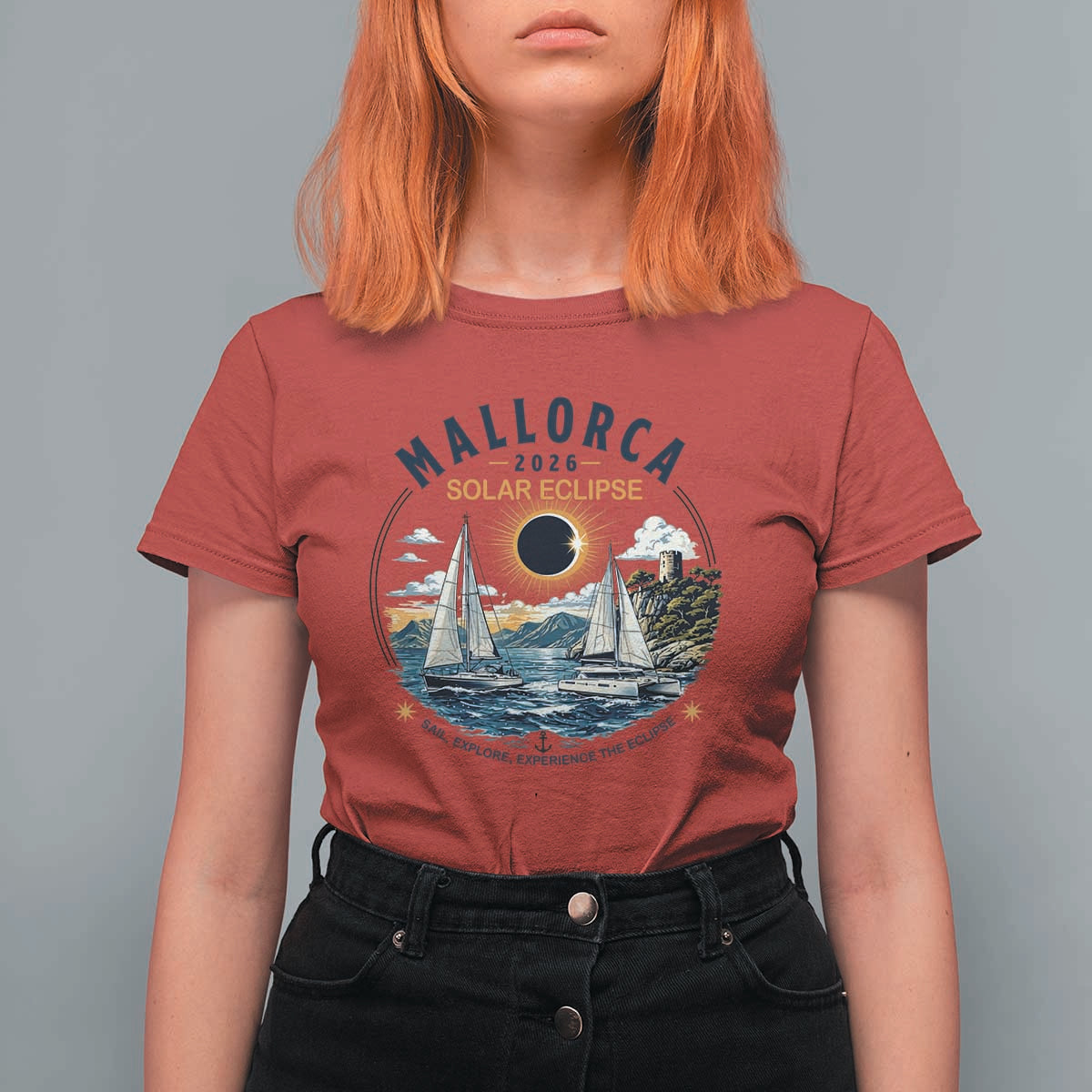 Mallorca Spain 2026 Total Solar Eclipse T Shirt For Women Sailing Cruise Totality Sail Explore Experience Travel Souvenir