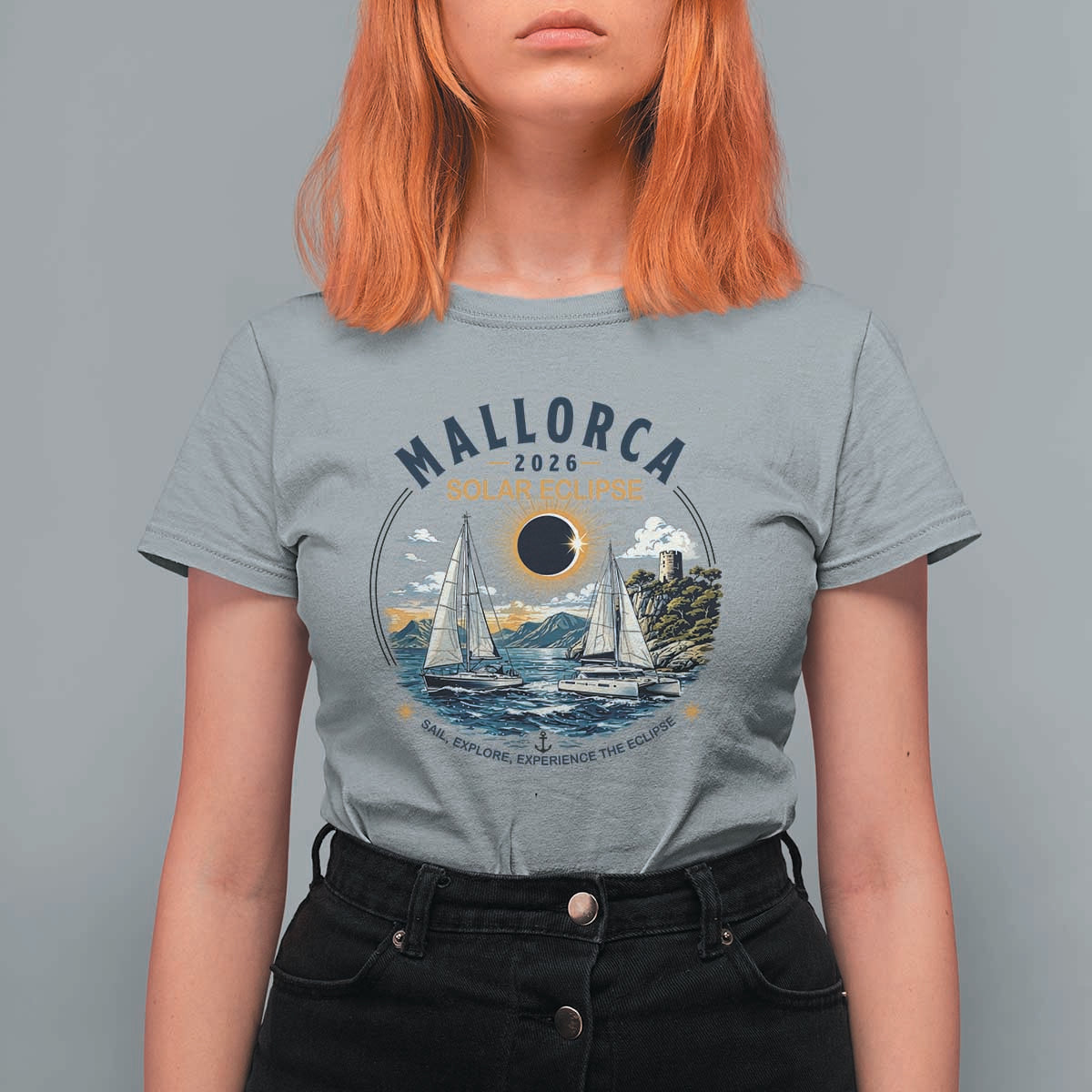 Mallorca Spain 2026 Total Solar Eclipse T Shirt For Women Sailing Cruise Totality Sail Explore Experience Travel Souvenir