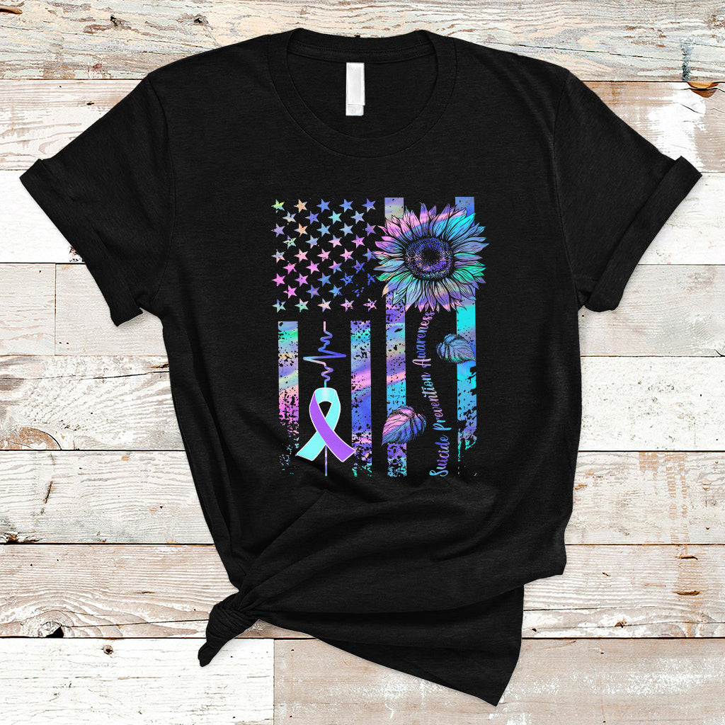 Suicide Prevention Awareness T Shirt Support Squad Teal And Purple American Flag Sunflower - Wonder Print Shop