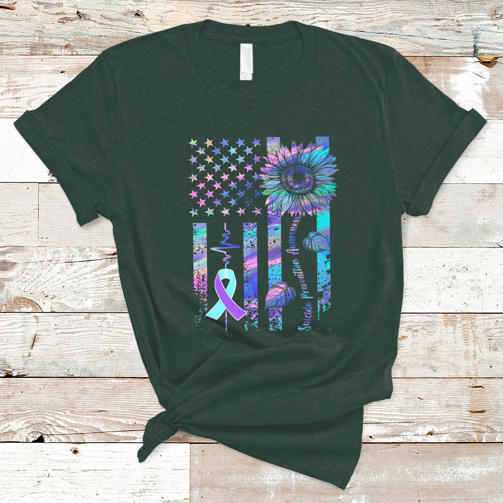Suicide Prevention Awareness T Shirt Support Squad Teal And Purple American Flag Sunflower - Wonder Print Shop
