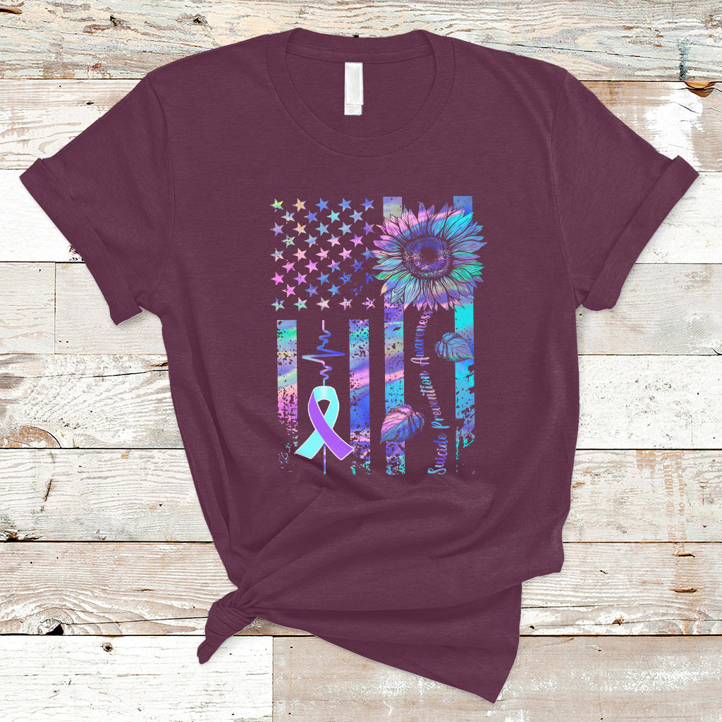 Suicide Prevention Awareness T Shirt Support Squad Teal And Purple American Flag Sunflower - Wonder Print Shop