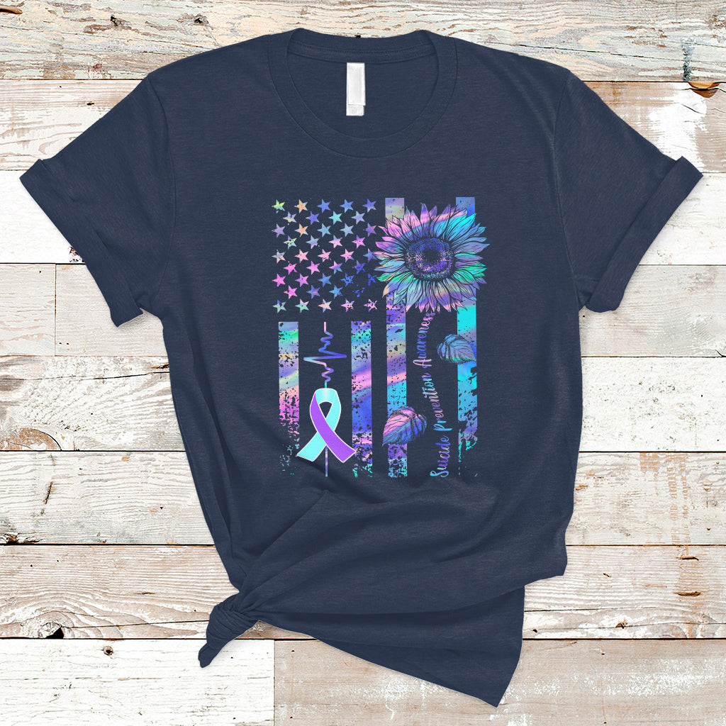 Suicide Prevention Awareness T Shirt Support Squad Teal And Purple American Flag Sunflower - Wonder Print Shop