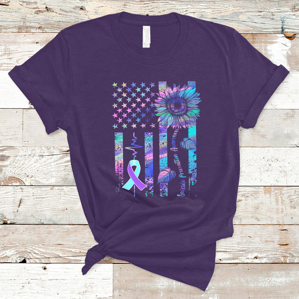 Suicide Prevention Awareness T Shirt Support Squad Teal And Purple American Flag Sunflower - Wonder Print Shop