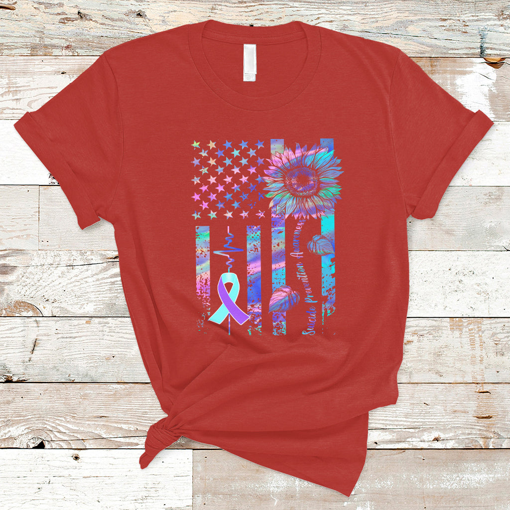 Suicide Prevention Awareness T Shirt Support Squad Teal And Purple American Flag Sunflower - Wonder Print Shop