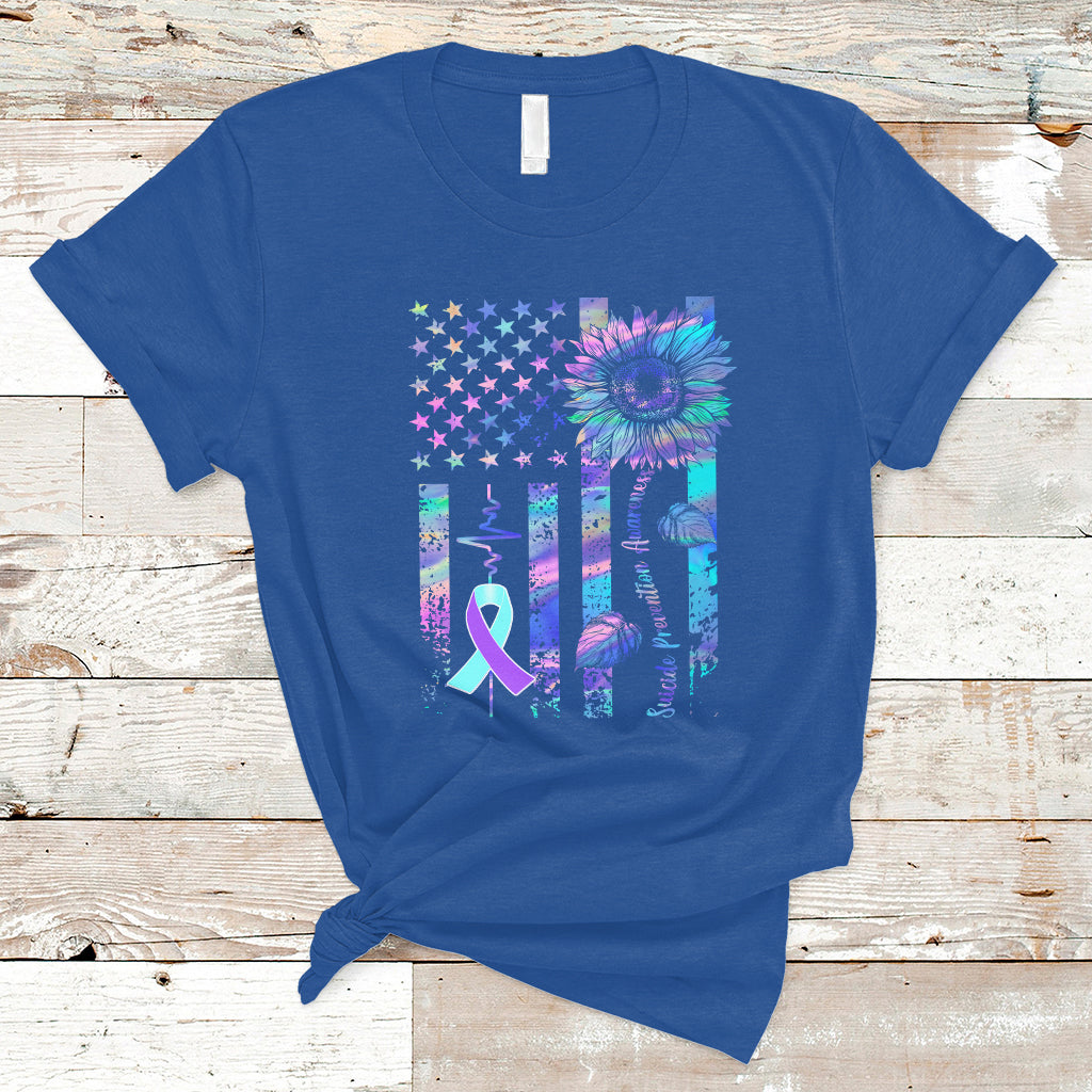 Suicide Prevention Awareness T Shirt Support Squad Teal And Purple American Flag Sunflower - Wonder Print Shop