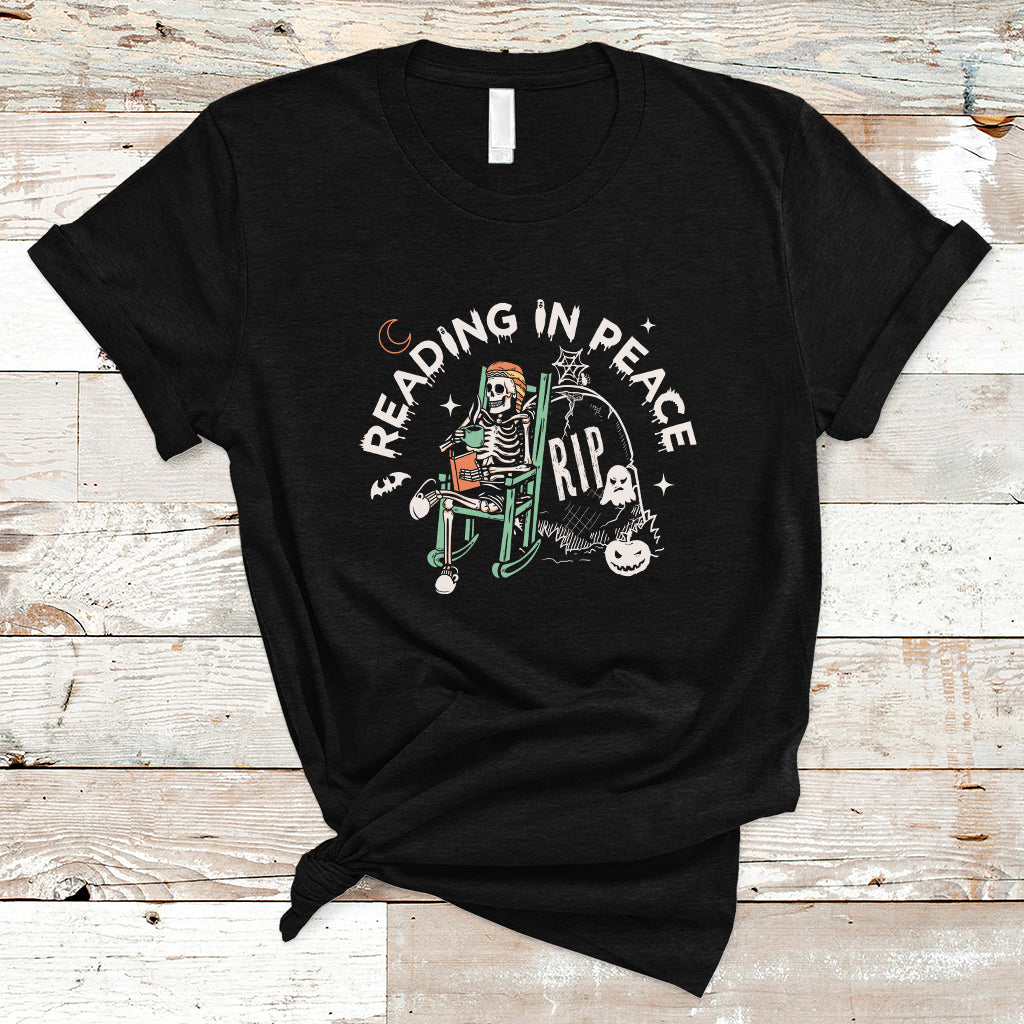 Reading Skeleton T Shirt RIP Reading In Peace Book Lover Spooky Vibe - Wonder Print Shop