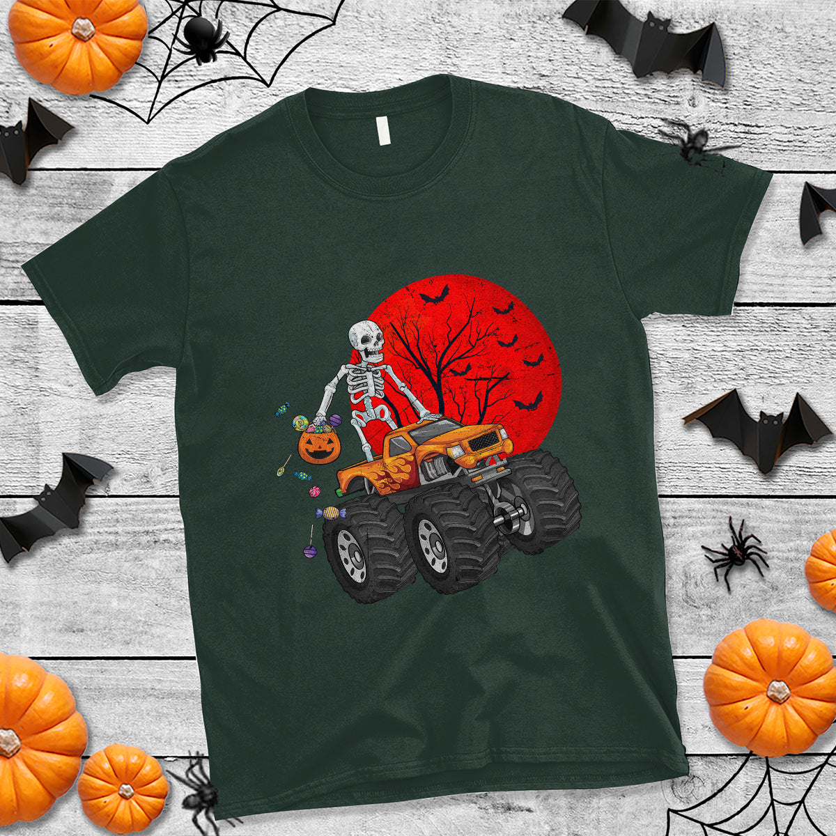 Halloween Skeleton T Shirt Skeleton Riding Monster Truck Candy Funny Scary Pumpkin - Wonder Print Shop