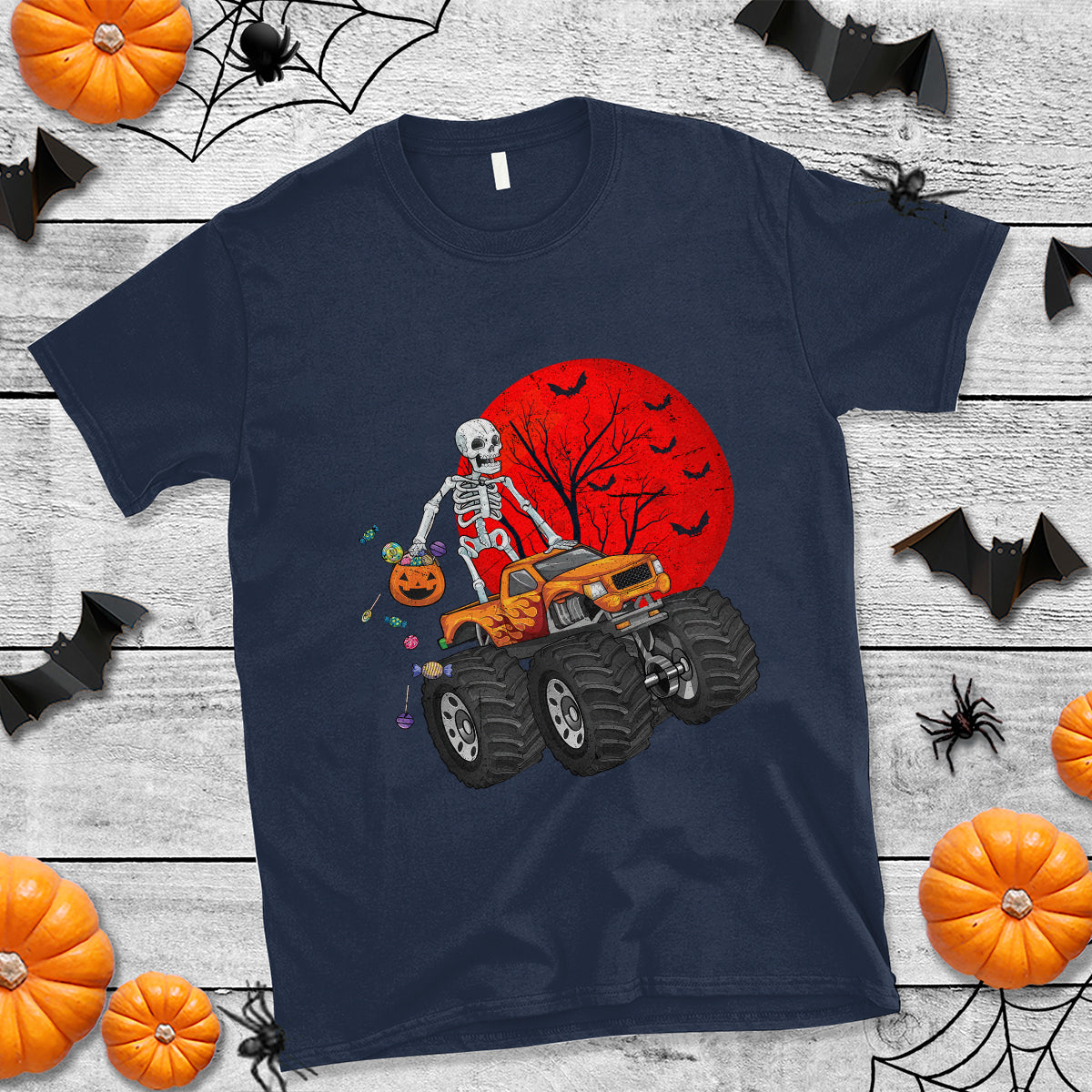 Halloween Skeleton T Shirt Skeleton Riding Monster Truck Candy Funny Scary Pumpkin - Wonder Print Shop