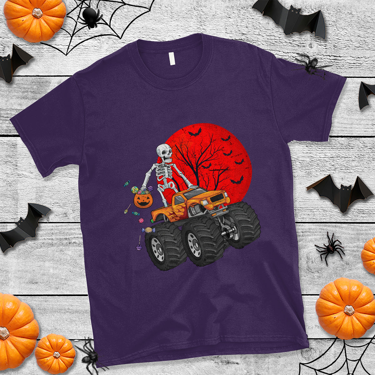 Halloween Skeleton T Shirt Skeleton Riding Monster Truck Candy Funny Scary Pumpkin - Wonder Print Shop