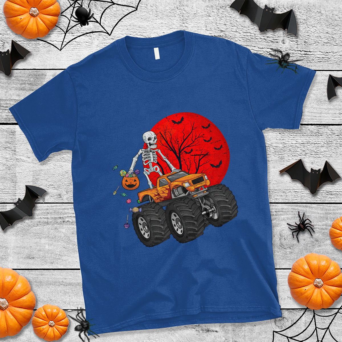 Halloween Skeleton T Shirt Skeleton Riding Monster Truck Candy Funny Scary Pumpkin - Wonder Print Shop